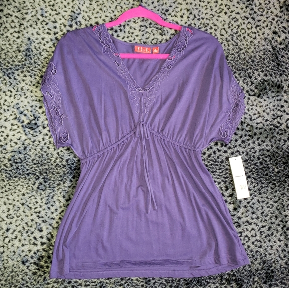 Elle Tops - Elle Purple Floral Cinched Shirt